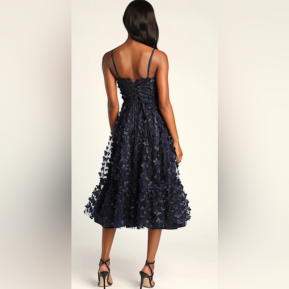 Lulus Navy Blue Butterfly Spaghetti Straps Lace Up Midi Dress **Size M** 🦋🦋 - Picture 3 of 10